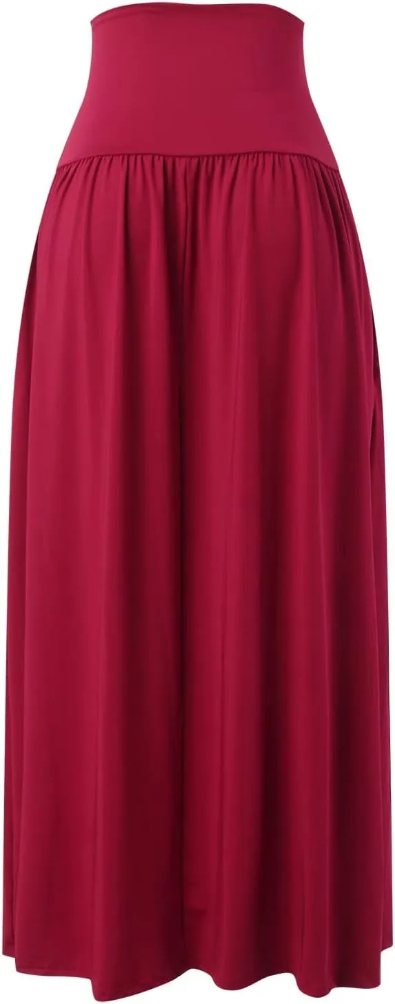 YOLAI Plus Size Maxi Skirts for Women High Waist Ankle Length Skirt A-Line Flowy Swing Pleated Skirt with Pockets