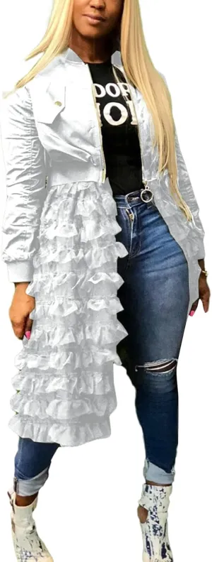 YOOTKO Vintage Varsity Bomber Jackets Women Long Sleeve Trench Coat Dress with Tulle Mesh Hems