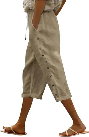 YRAETENM Linen Capris for Women Sumemr Drawstring High Waist Straight Leg Trousers Comfy Side Button Capri Pants with Pockets