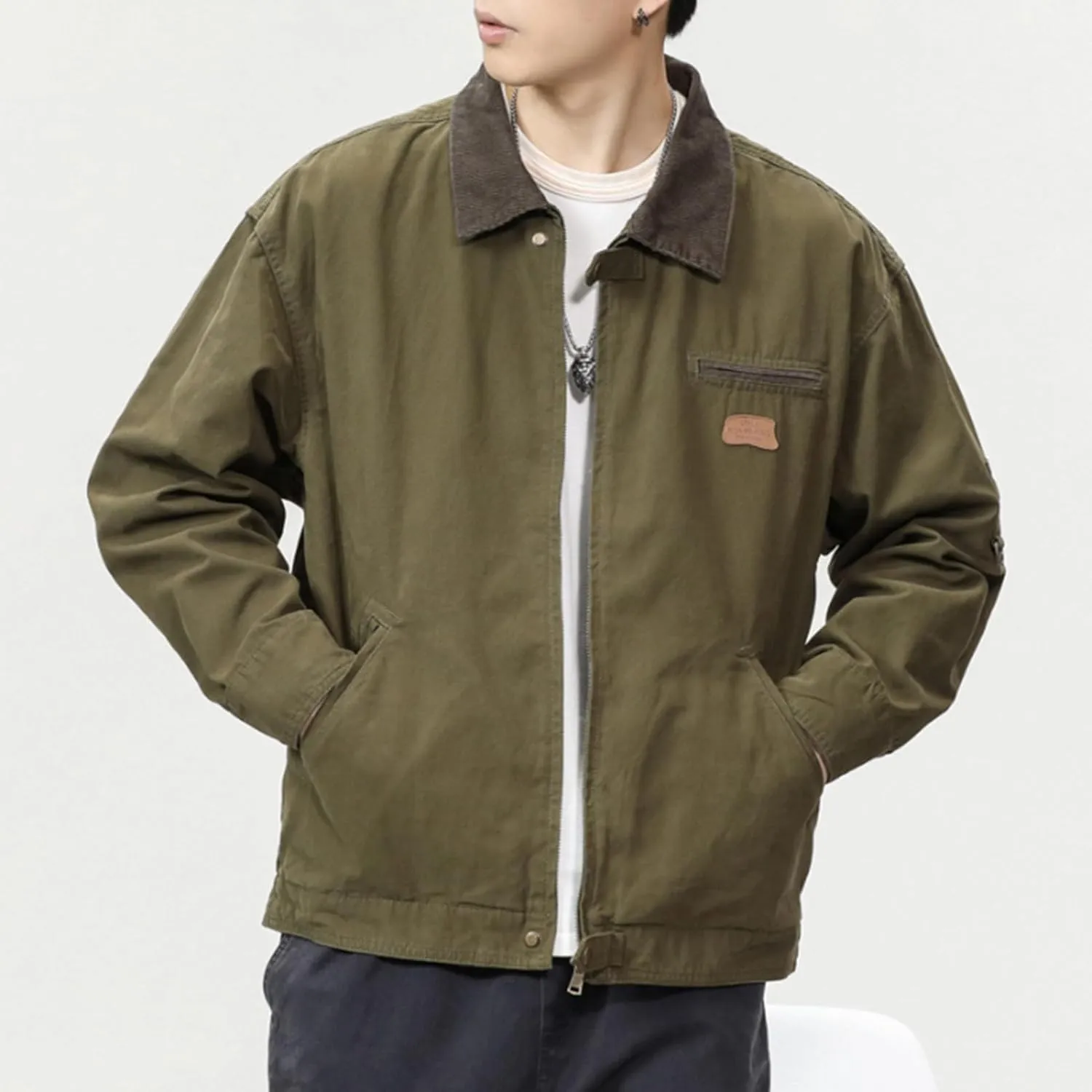 Zeiyignr Men's Lightweight Trucker Jacket Casual Cotton Work Jackets Turn-Down Collar Cargo Jacket Full Zip Coat with Pockets