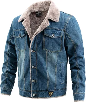 Zeiyignr Men's Sherpa Fleece Lined Denim Jacket Warm Winter Trucker Jacket Cowboy Jean Jacket Cargo Work Coat Windbreaker