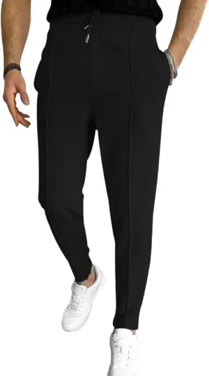 ZWRXW Men's Pants Pleated Front Casual Waffle Long Trousers Tapered Elastic Waist Drawstring Sweatpants with Pockets